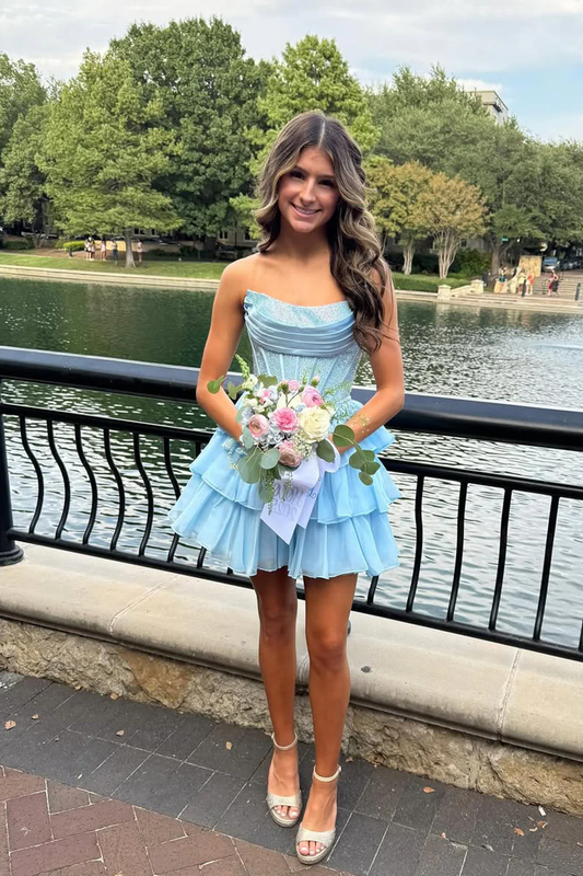 Light Blue Beaded Ruffle Tiered Short Homecoming Dresses