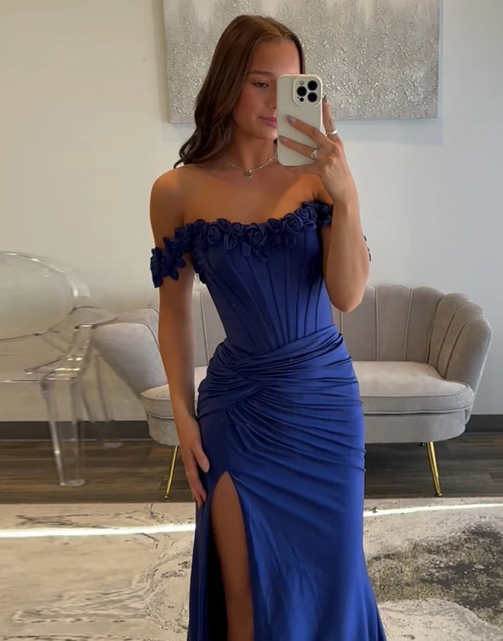 Light Blue Corset Slit Long Prom Dress with 3D Flowers Sheath Evening Gowns