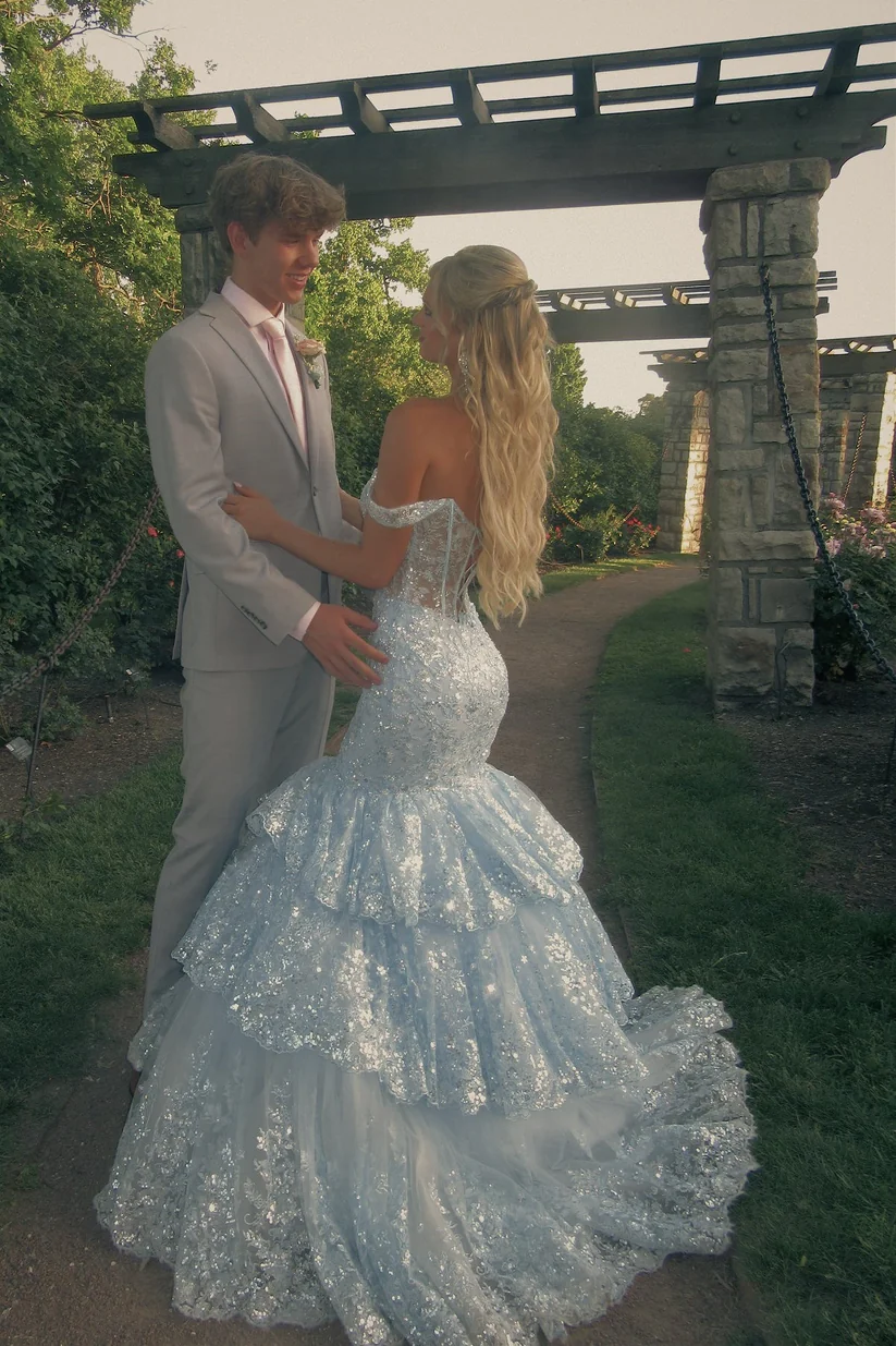 Light Blue Off-the-shoulder Tiered Long Mermaid Prom Dress