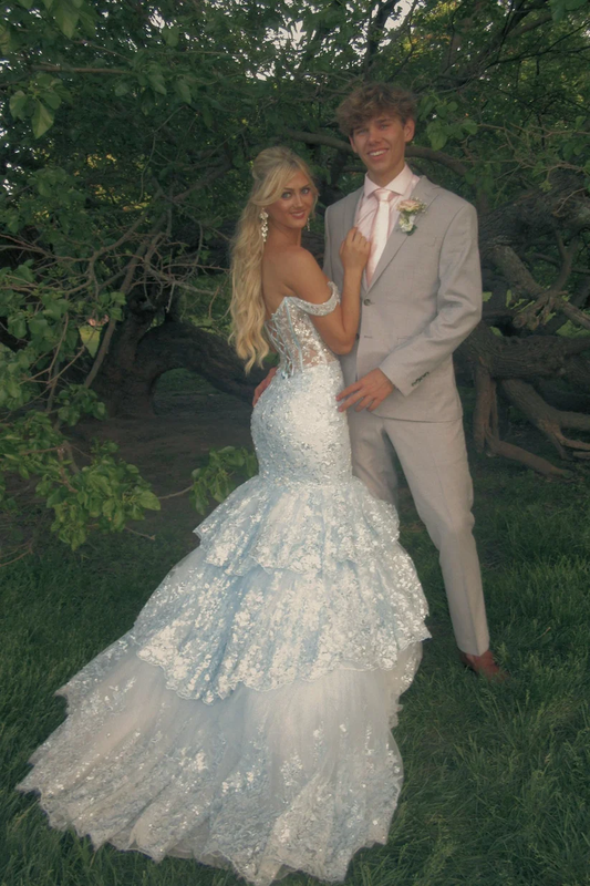 Light Blue Off-the-shoulder Tiered Long Mermaid Prom Dress