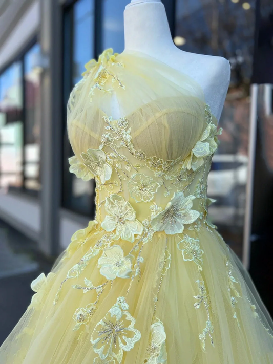 Light Yellow One Shoulder 3D Appliques Beading Long Prom Dress with Slit