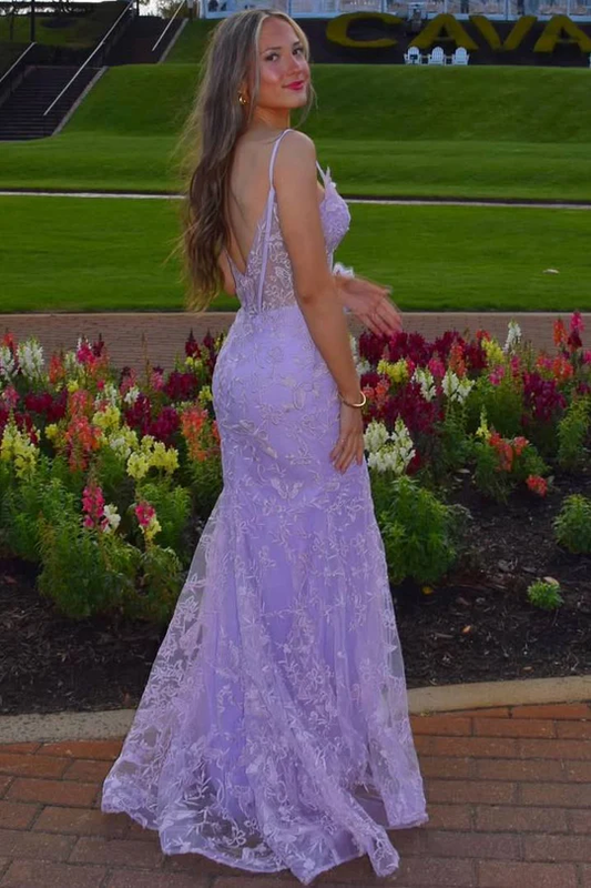 Lilac Spaghetti Straps Lace Appliques V-Neck Mermaid Prom Dress