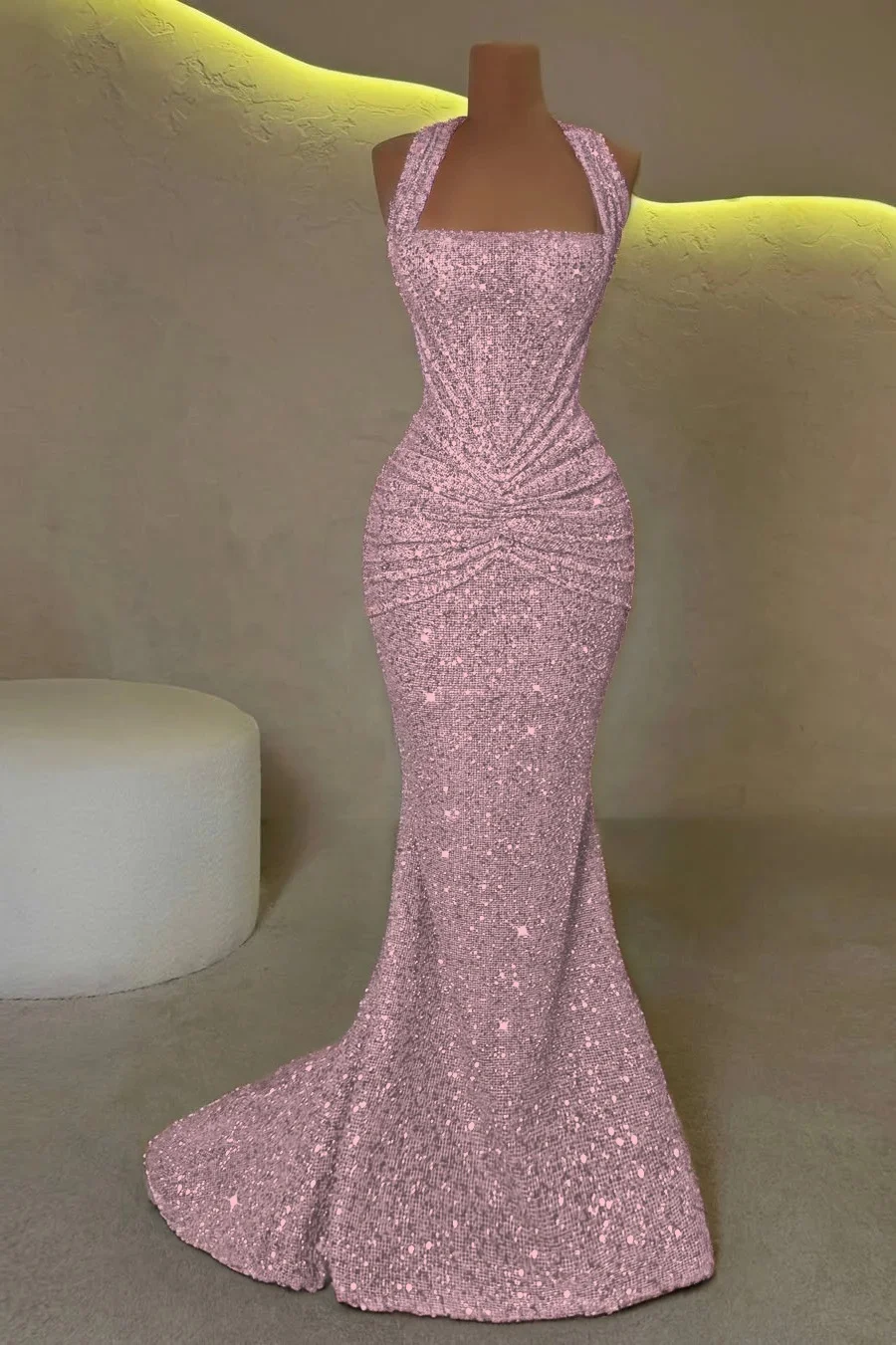 Luxurious Gold Halter Sleeveless Pleated Sequins Mermaid Prom Dress
