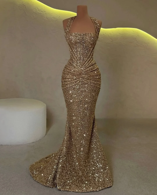 Luxurious Gold Halter Sleeveless Pleated Sequins Mermaid Prom Dress