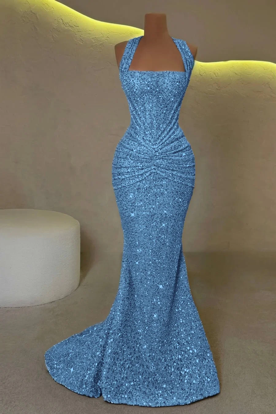 Luxurious Gold Halter Sleeveless Pleated Sequins Mermaid Prom Dress