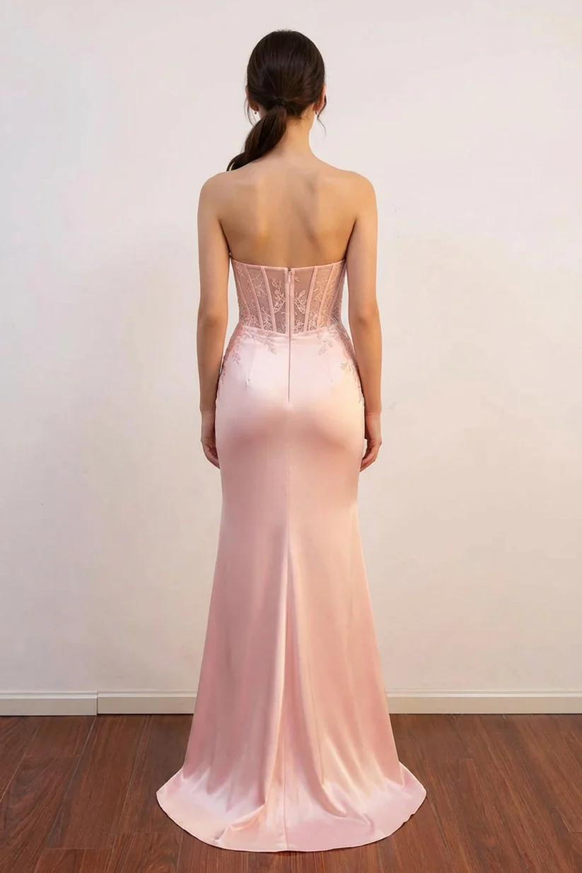 Mermaid Corset Bodic Split Pink Prom Dress Formal Gown with Appliques