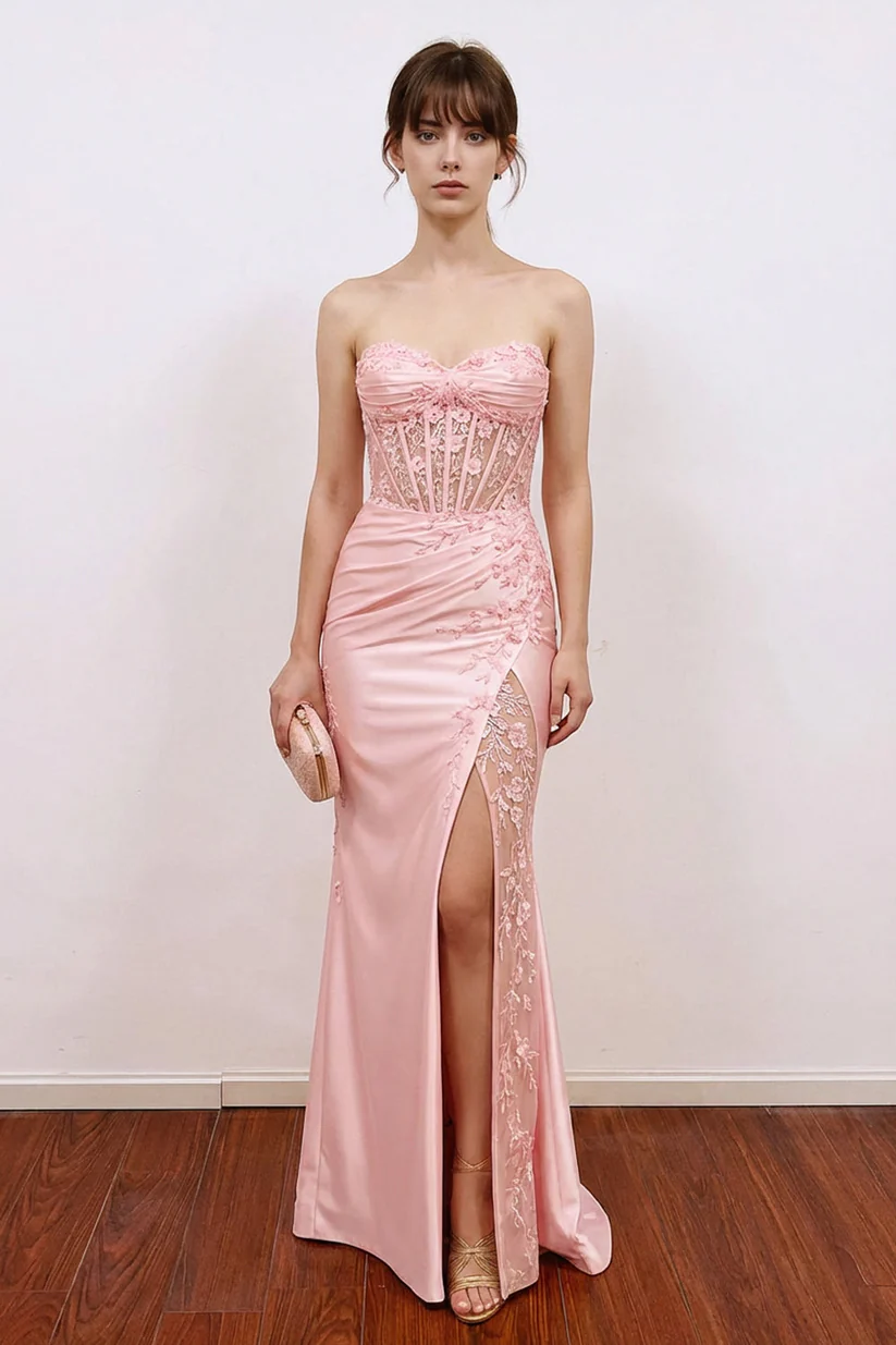 Mermaid Corset Bodic Split Pink Prom Dress Formal Gown with Appliques