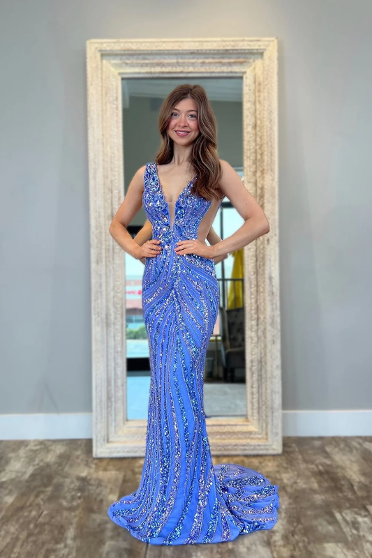 Mermaid Deep V Neck Blue Sequins Long Prom Dresses