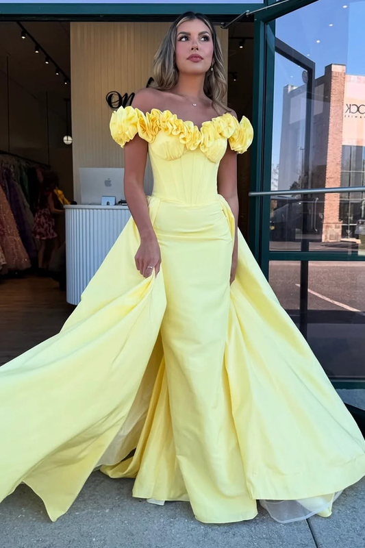 Mermaid Off the Shoulder Yellow Satin Long Prom Dresses