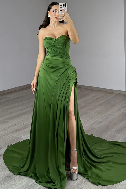 Mermaid Satin Corset Pleated Prom Dresses Long Sweetheart Evening Party Gowns with Slit