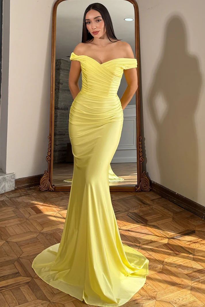Mermaid Satin Off Shoulder Prom Dresses Long Sheath Evening Formal Gowns for Women