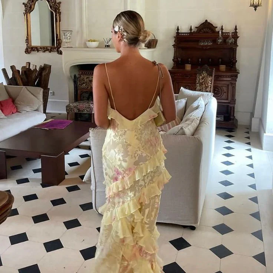 Mermaid Spaghetti Straps Floor Length Floral Yellow Chiffon Evening Dress Prom Dresses