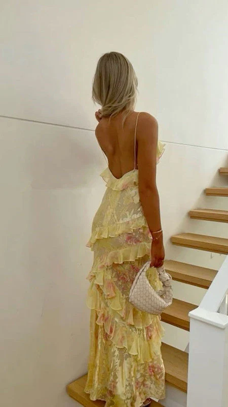 Mermaid Spaghetti Straps Floor Length Floral Yellow Chiffon Evening Dress Prom Dresses