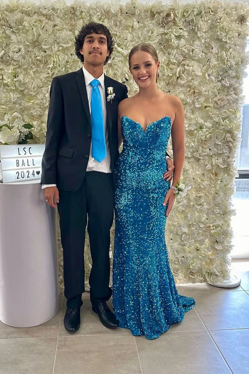 Mermaid Strapless Blue Sequins Long Prom Dresses
