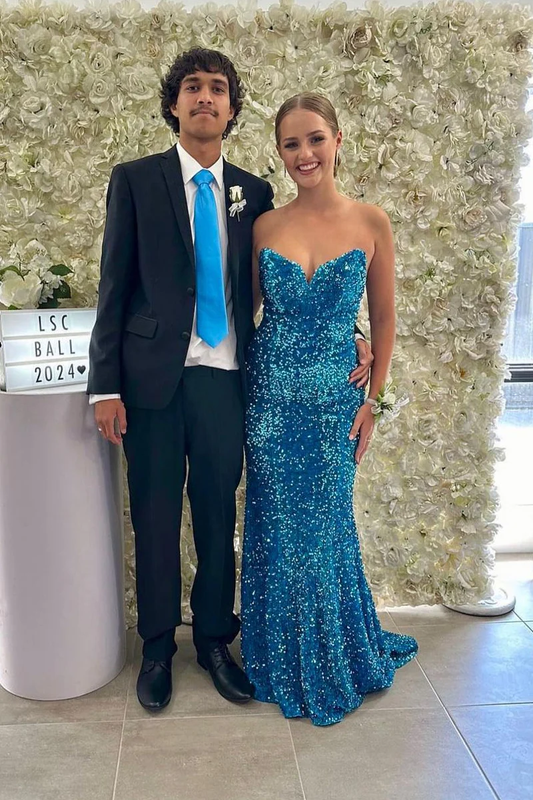 Mermaid Strapless Blue Sequins Long Prom Dresses