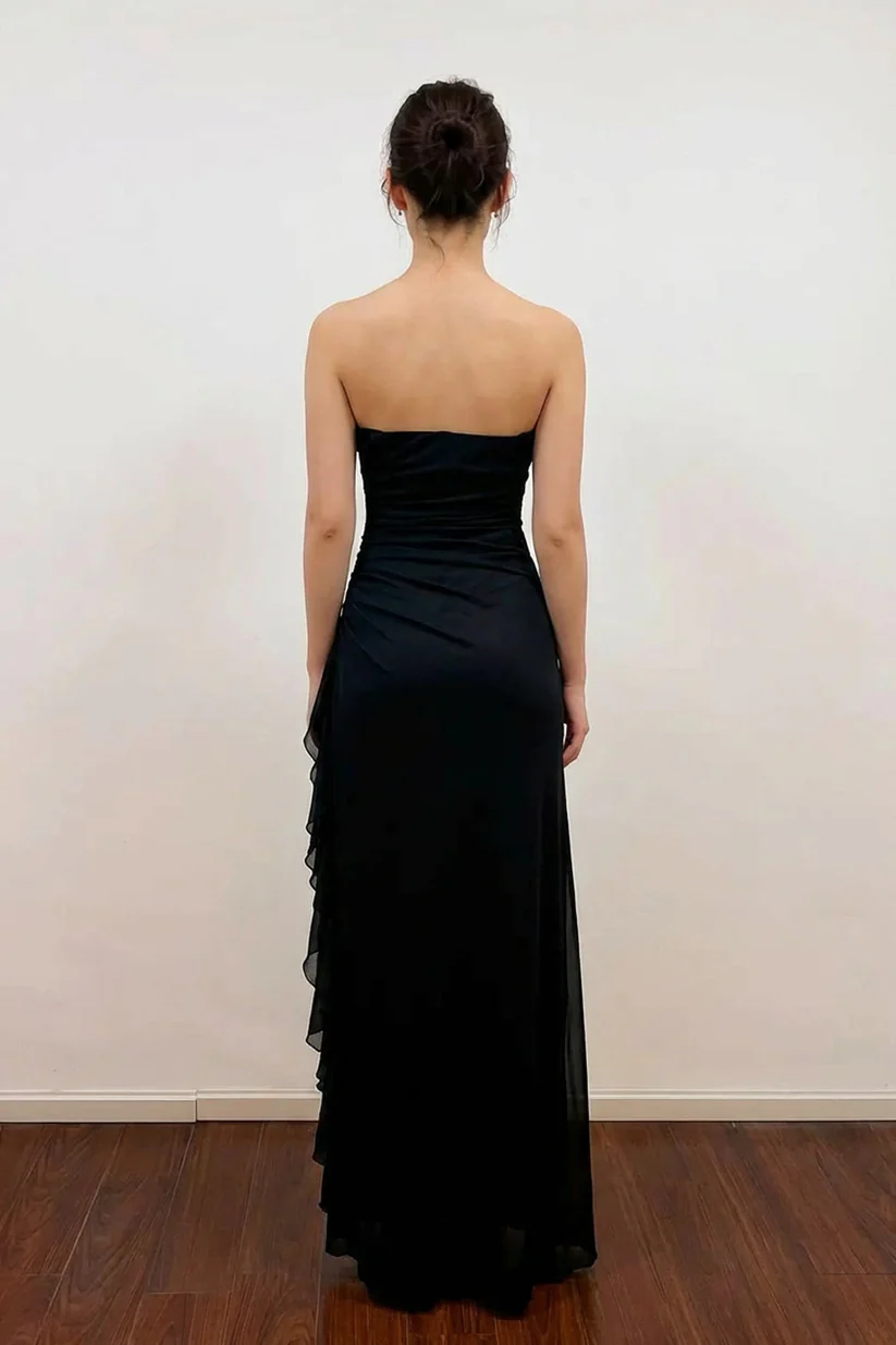 Mermaid Strapless Empire-Waist Pleats Appliques Black Prom Dress