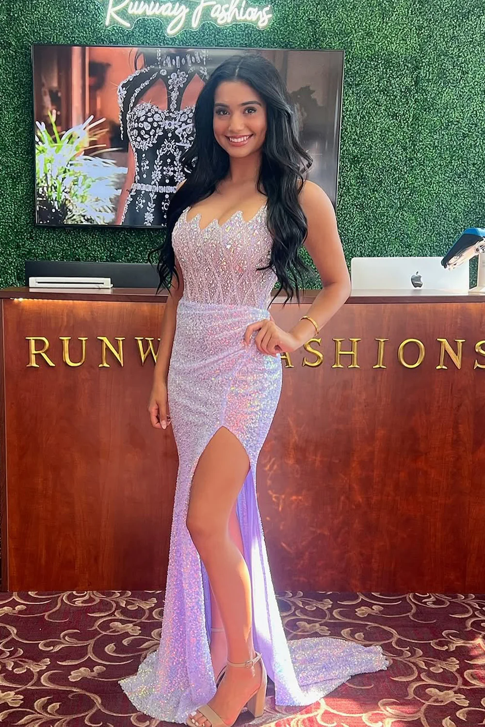 Mermaid Strapless Lilac Sequins Long Prom Dresses with Slit