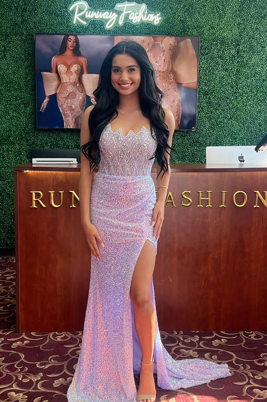 Mermaid Strapless Lilac Sequins Long Prom Dresses with Slit