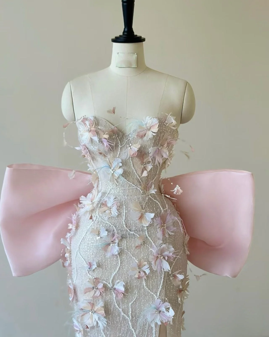 Mermaid Strapless Pink Sequin Long Floral Prom Dresses Party Dress