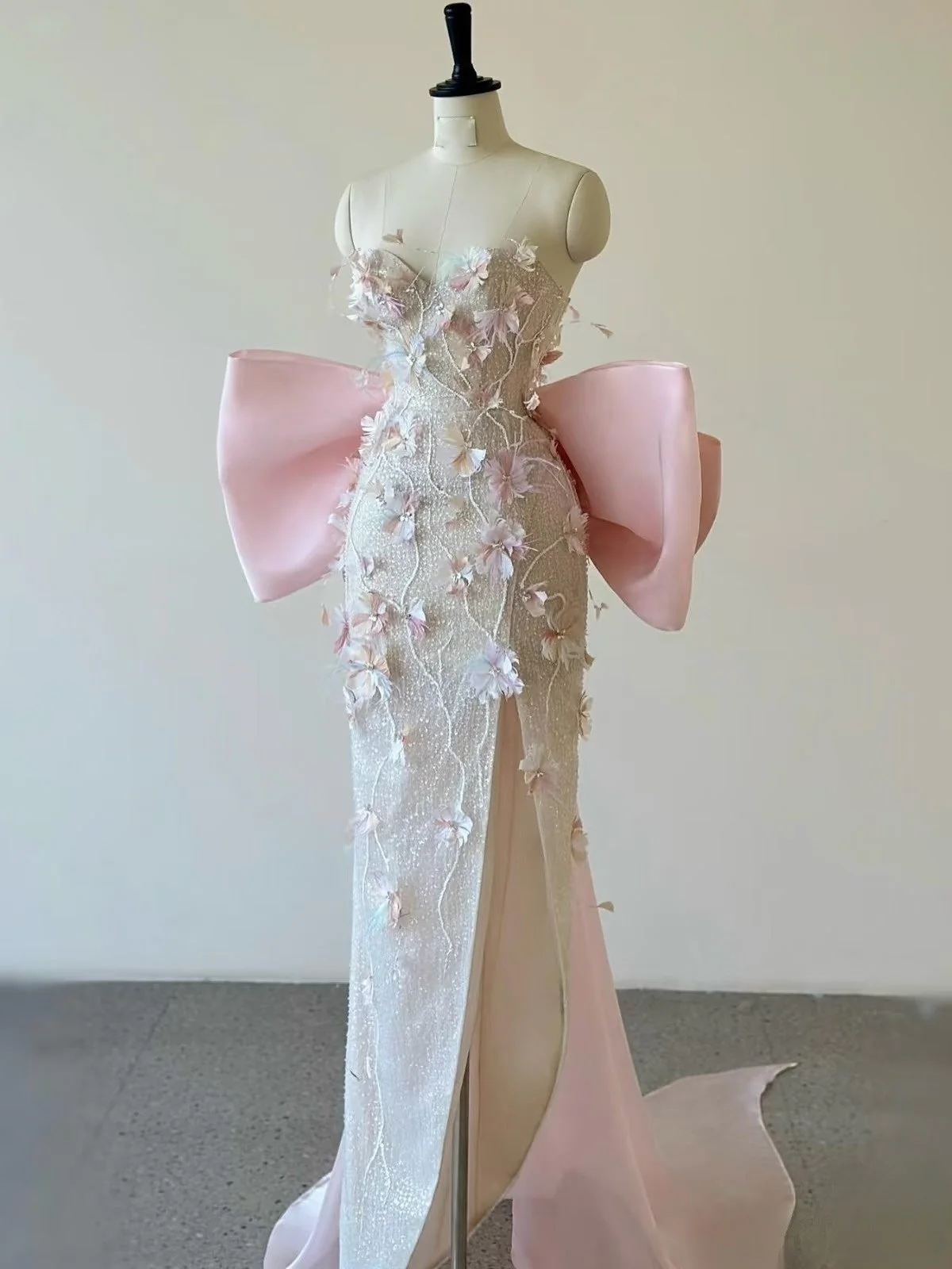 Mermaid Strapless Pink Sequin Long Floral Prom Dresses Party Dress