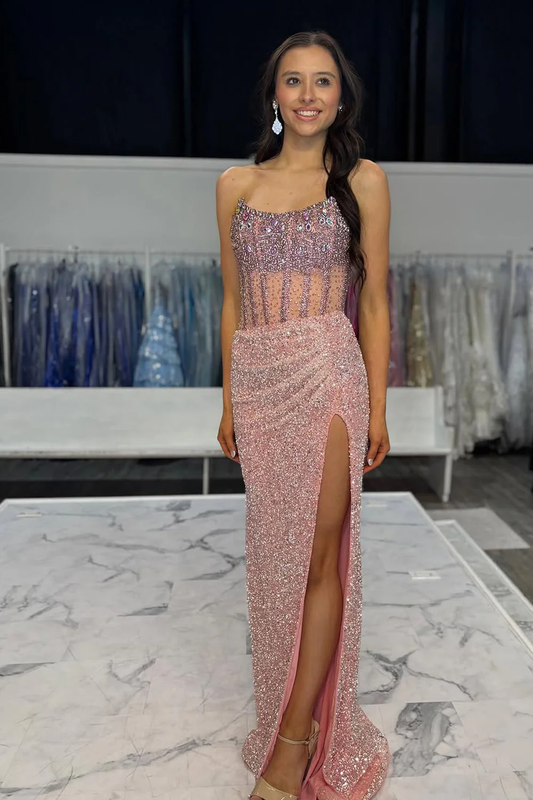 Mermaid Strapless Pink Sequins Beads Long Prom Dresses with Slit