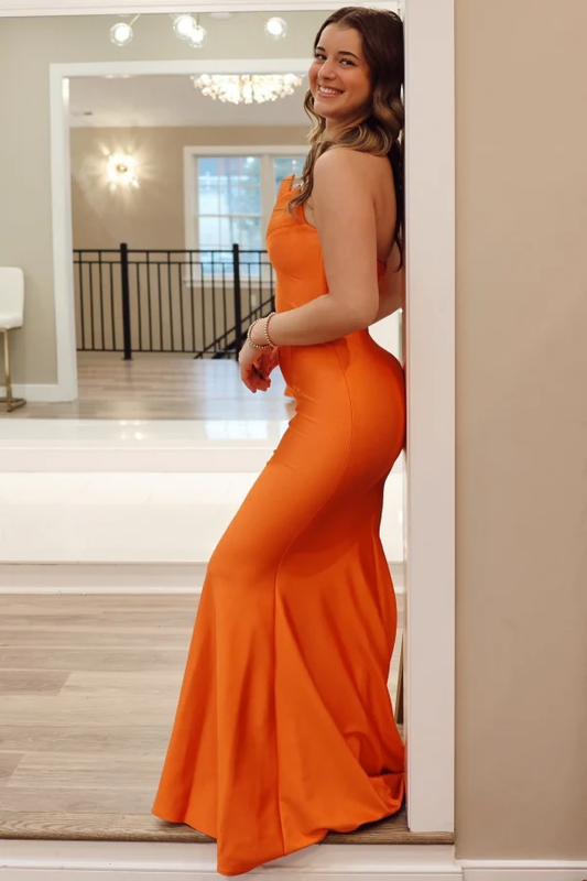 Mermaid Strapless Sleeveless Pleated Orange Satin Floor Length Prom Party Dress Back Zipper Formal Evening Gown