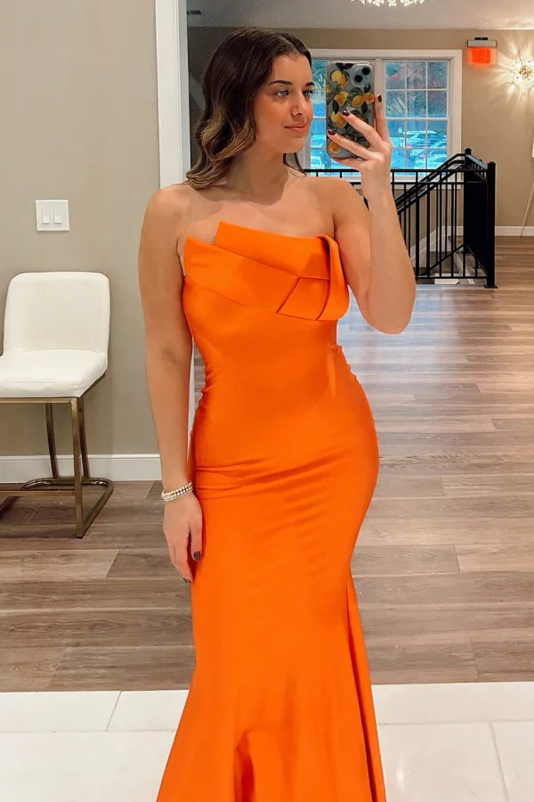 Mermaid Strapless Sleeveless Pleated Orange Satin Floor Length Prom Party Dress Back Zipper Formal Evening Gown