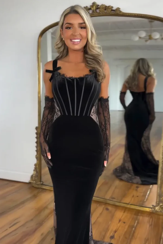 Mermaid Strapless Straps Velvet Lace Black Prom Dress with Train