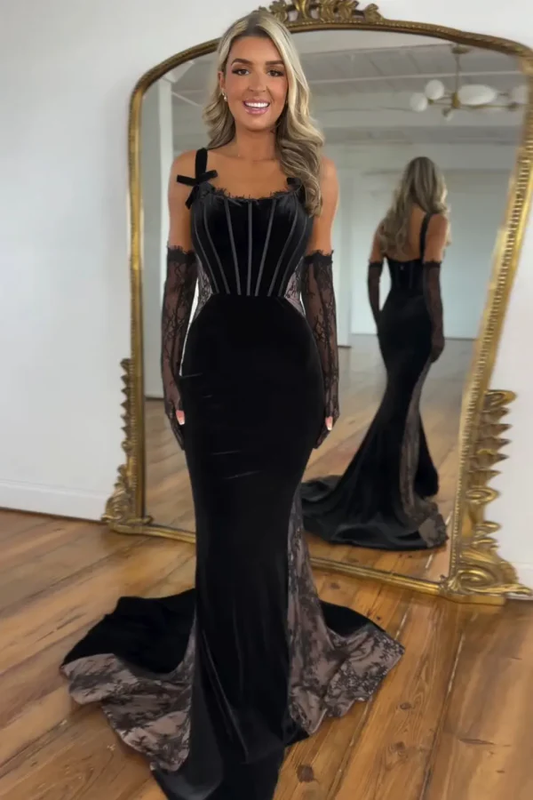 Mermaid Strapless Straps Velvet Lace Black Prom Dress with Train