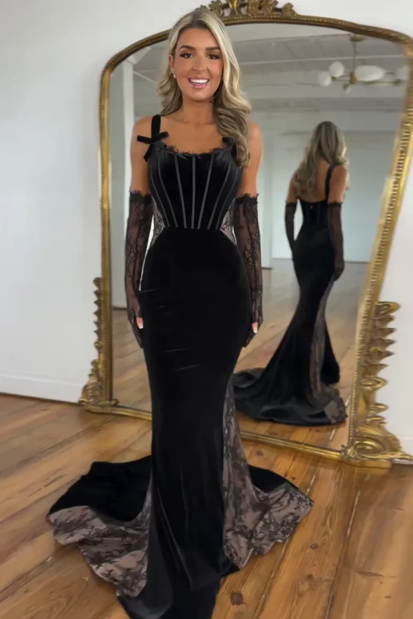 Mermaid Strapless Straps Velvet Lace Black Prom Dress with Train