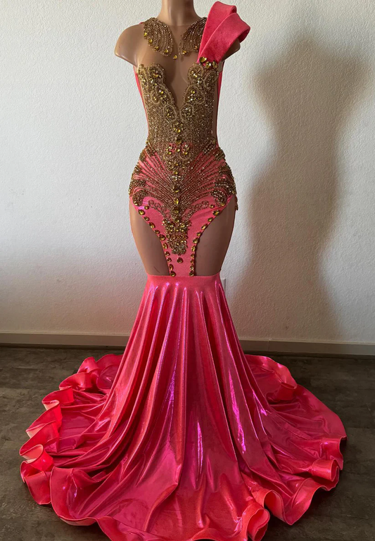 Mermaid V-Neck Beaded Pleated Prom Dress for Black Girls