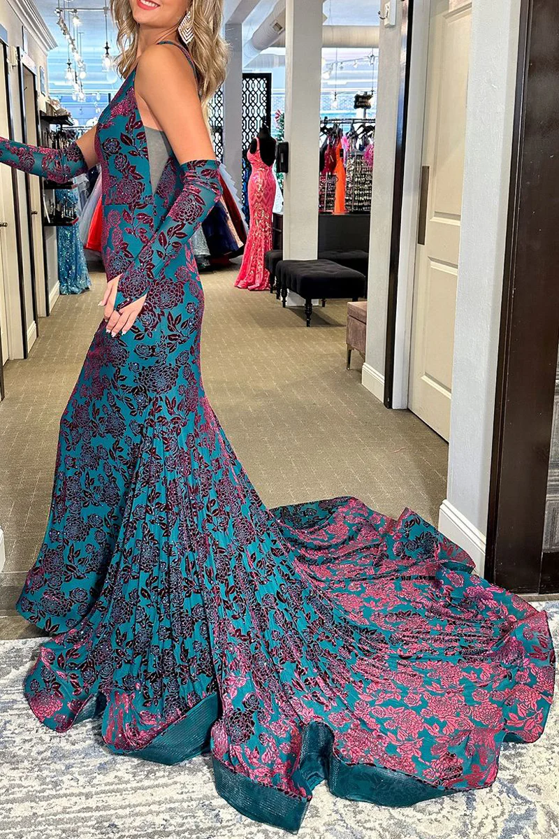 Mermaid V Neck Blue Backless Long Prom Dresses