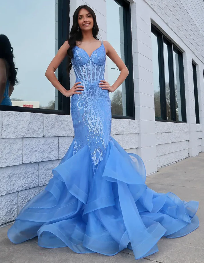 Mermaid V Neck Corset Lace Prom Dresses Long Ruffles with Spaghetti Straps