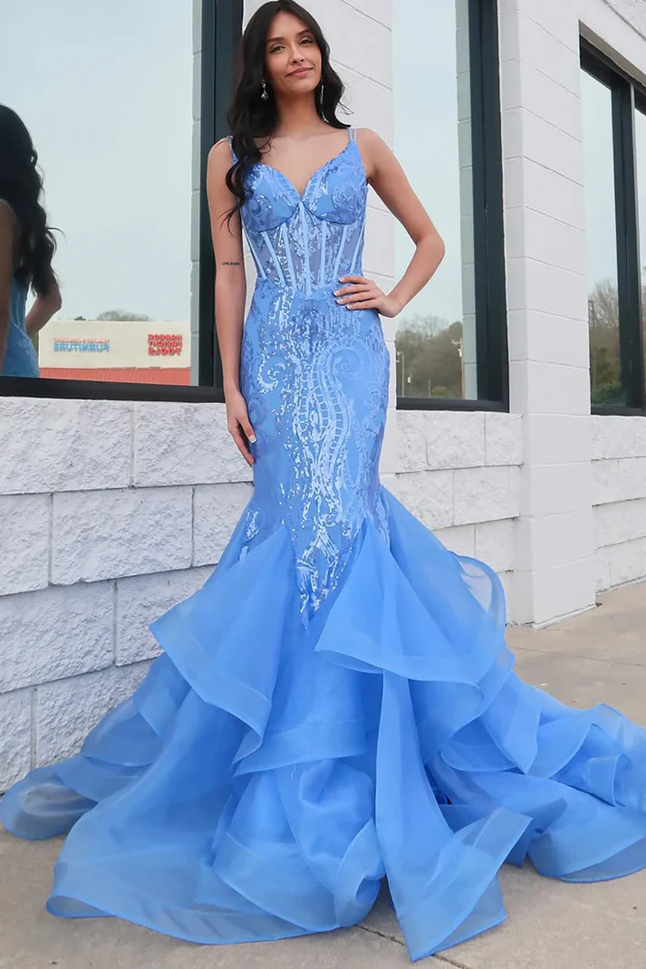 Mermaid V Neck Corset Lace Prom Dresses Long Ruffles with Spaghetti Straps