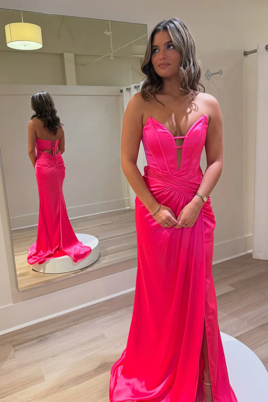 Mermaid V Neck Hot Pink Satin Prom Dress with Slit
