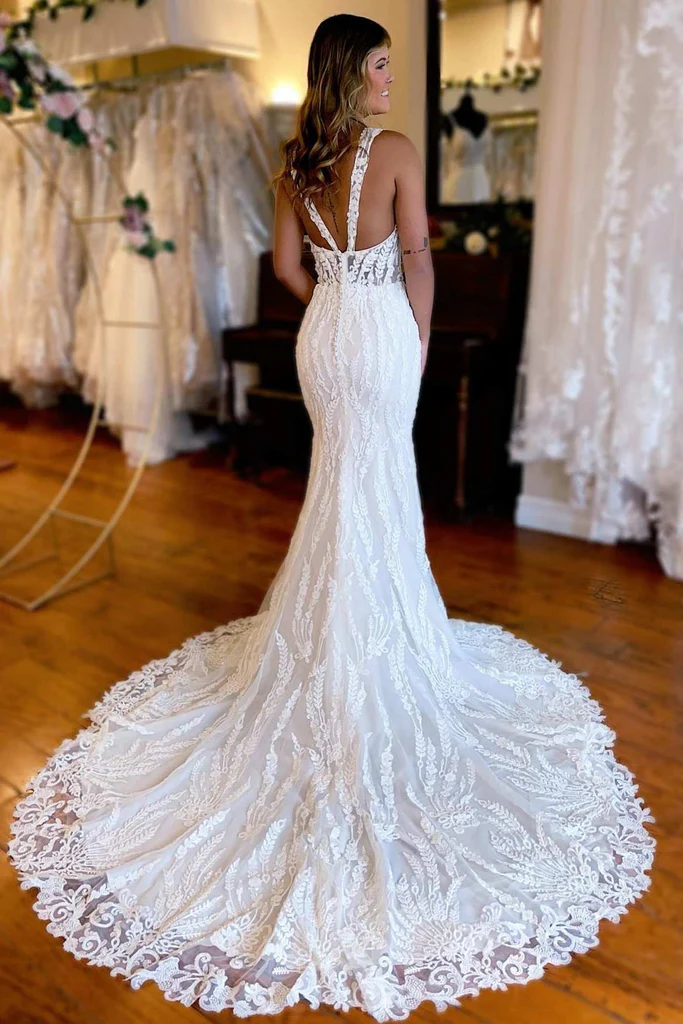 Mermaid V Neck Straps White Floral Lace Floor Length Wedding Dress, Slit Buttons