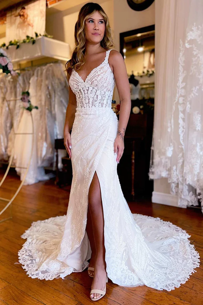 Mermaid V Neck Straps White Floral Lace Floor Length Wedding Dress, Slit Buttons