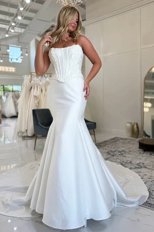 Mermaid White Satin Lace Appliqued Corset Strapless Wedding Dresses for Bride