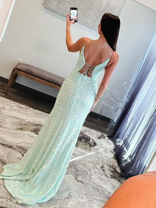 Mint Green Spaghetti Straps Sequins Mermaid Long Prom Dresses With Split
