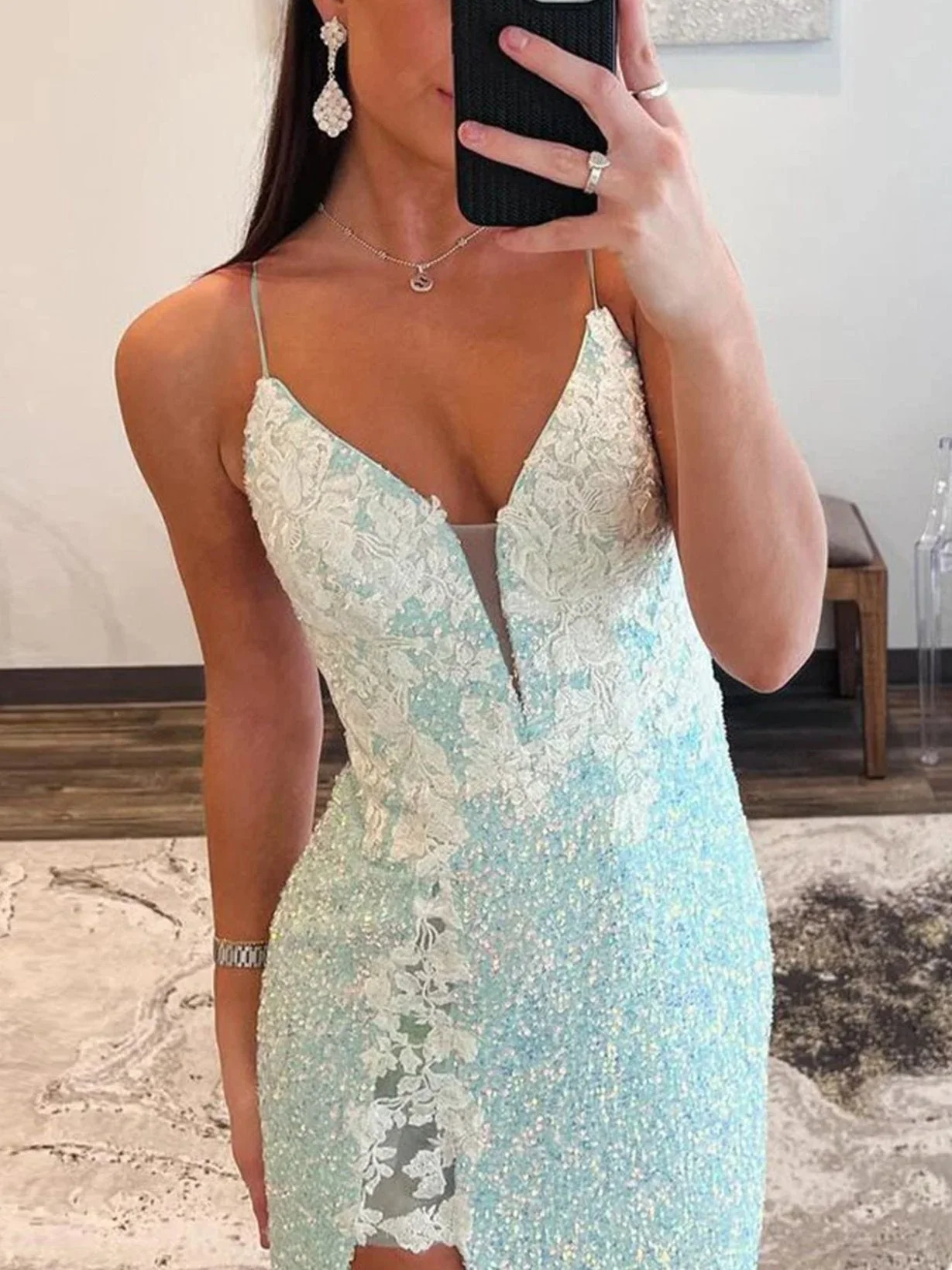 Mint Green Spaghetti Straps Sequins Mermaid Long Prom Dresses With Split