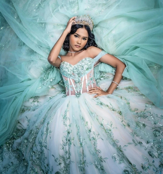 Mint Quinceanera Dresses Ball Gown Off The Shoulder Appliques Floral Pearls Sweet 16 Dresses 15 Años Customized