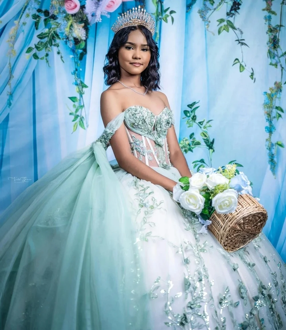 Mint Quinceanera Dresses Ball Gown Off The Shoulder Appliques Floral Pearls Sweet 16 Dresses 15 Años Customized