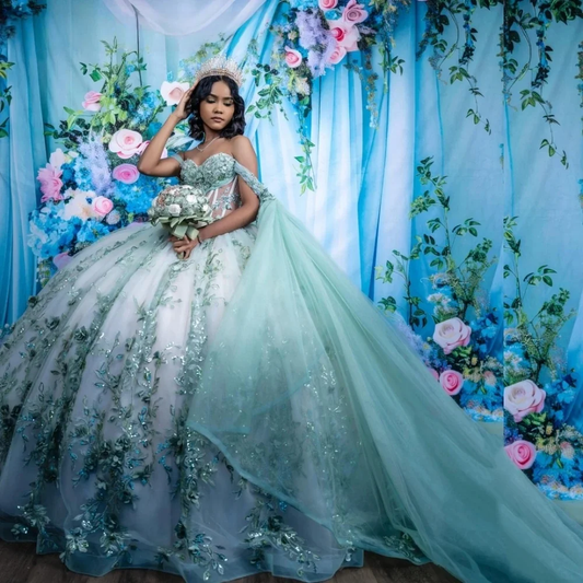Mint Quinceanera Dresses Ball Gown Off The Shoulder Appliques Floral Pearls Sweet 16 Dresses 15 Años Customized