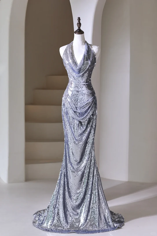 Modest Mermaid Halter Silver Sequins For Women Party Dress Long Formal Prom Dresses 22th Birthday Outfits