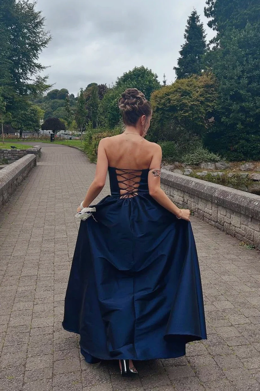 Navy Blue Strapless V-Neck A-Line Prom Dress