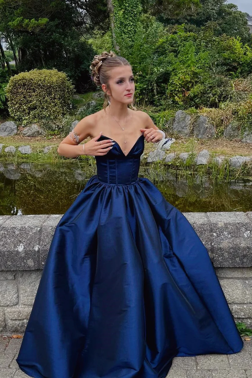 Navy Blue Strapless V-Neck A-Line Prom Dress