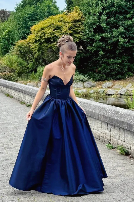 Navy Blue Strapless V-Neck A-Line Prom Dress