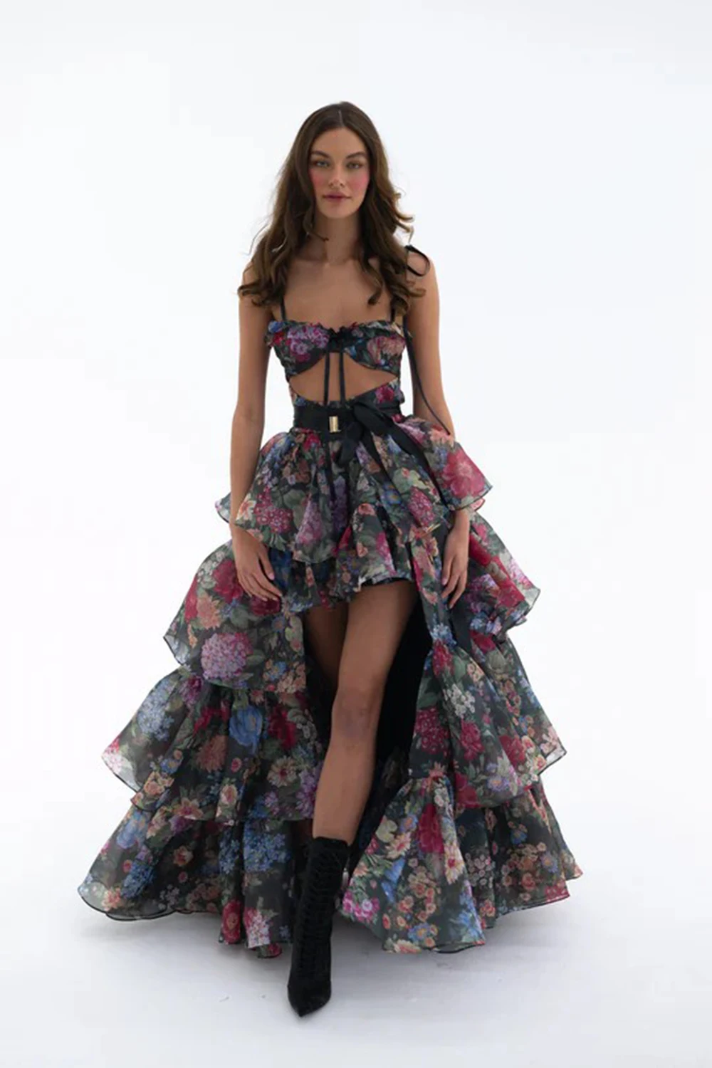 New sexy printed strapless suspender, women's floral cake skirt, fashionable set dress