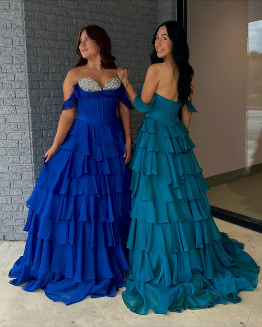 Off Shoulder A Line Chiffon Ruffled Long Prom Dresses Corset Beaded Party Gowns for Women