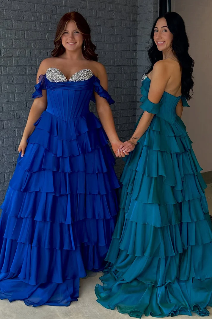 Off Shoulder A Line Chiffon Ruffled Long Prom Dresses Corset Beaded Party Gowns for Women